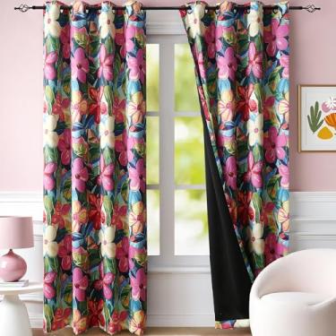 Imagem de Cortinas blackout florais tropicais de 228 cm de comprimento, bloco de calor com amarrações, rosa choque hibisco brilhante, cortinas havaianas privacidade para sala de estar, cortinas de flores