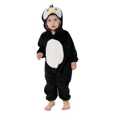 Imagem de LONULAIN Pijama unissex de fantasia de animal, macacão infantil de flanela com capuz para cosplay, roupa de casa/roupa de dormir, Pinguim, 3-6 Months/Height:23"-26"
