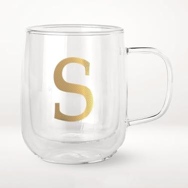 Imagem de COLLECTIVE HOME - Copos de café expresso, canecas de café de vidro de parede dupla, caneca de café isolada com alça, presentes personalizados para mulheres, homens, Natal, copos de monograma de 400 ml