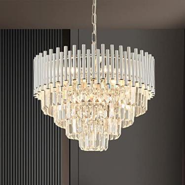 Imagem de YOLIZUOT Lustre de cristal moderno cromado de 50 cm para sala de jantar, luminária pendente de teto redondo, lustre de luxo grande de 8 luzes de 5 níveis para sala de estar, entrada e cozinha