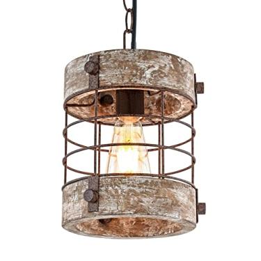 Imagem de wochos Lustre retro industrial de metal e madeira 1 luz redonda gaiola luminária pendente para cozinha ilha hall de entrada corredor bar sala de jantar restaurante, D 19,8 cm x A 21,8 cm (branco