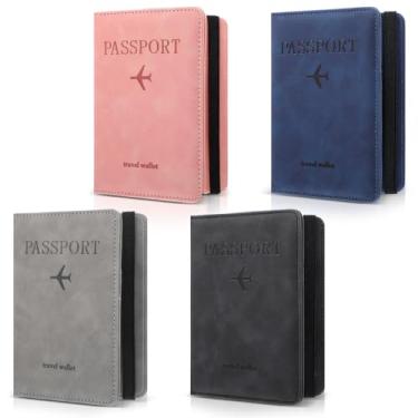 Imagem de Conjunto de 4 peças de capa de passaporte de couro para passaporte com compartimento para cartão de vacina, capa para passaporte, capa protetora de poliuretano para documentos de viagem, carteira de