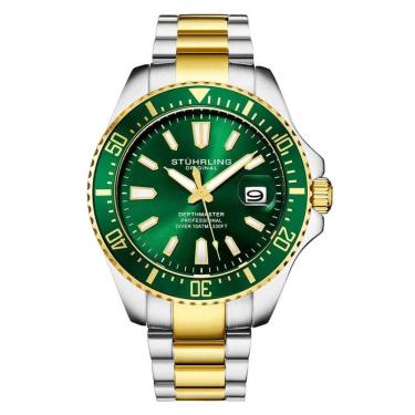 Imagem de Relogio masculino Depthmaster 3950A 42mm, mostrador verde, pulseira em aco inox dourado e fivela prateada Stuhrling