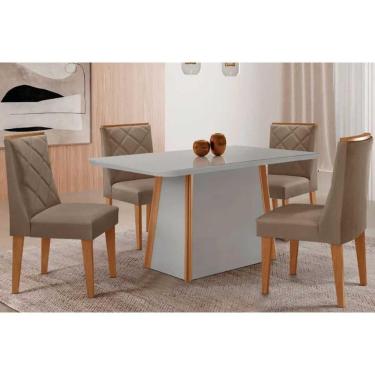 Imagem de Conjunto Sala de Jantar Tilia c/ Tampo Madeirado c/ Vidro Canto Curvo 120x80cm e 4 Cadeiras Maldivas Madeira Maciça Naturale/Off White - Capuccino/Sue