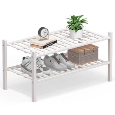 Imagem de Haddockway Organizador grande de armazenamento de sapatos de bambu de 2 níveis, prateleira empilhável multifuncional com painel de grade para armário, corredor, entrada, espaço pequeno 68,5 x 30,5 x
