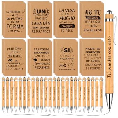 Imagem de Ioffersuper 24 Set Spanish Mini Notebook Set Classmate Employee Teacher Appreciation Gift Bulk Bamboo Wood Ballpoint Pen Motivational Women Men Inspirational Notepad Diar