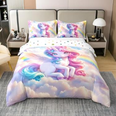 Imagem de jejeloiu Conjunto de capa de edredom de algodão princesa unicórnio para crianças, tamanho queen, arco-íris, fada, cavalo sonhador, conjunto de capa de edredom para decoração de quarto, sem enchimento