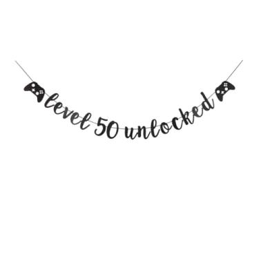 Imagem de SNFHWL Banner desbloqueado nível 50, placa de festa de aniversário com tema de jogos, bandeira de festa de 50 anos de jogador, guirlandas de decoração de festa de videogame, adereços pretos