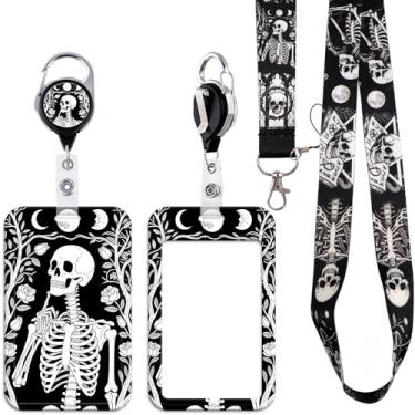 Imagem de BKBKAAK Porta-crachá de esqueleto legal com cordão, porta-cartão de identificação estilo gótico com clipe de carretel retrátil resistente e cordão de pescoço macio, cordão de caveira engraçado preto
