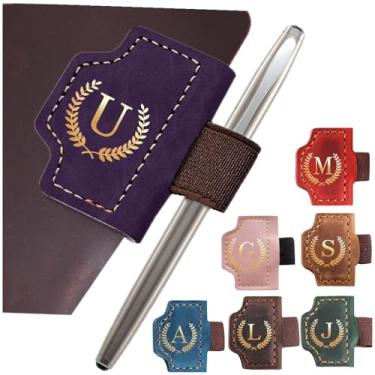 Imagem de Marcador de livro personalizado com suporte de caneta, marcador magnético de couro, 26 letras, presentes para amantes de livros, leitores, marcadores de livro de couro para homens e mulheres (roxo, U)
