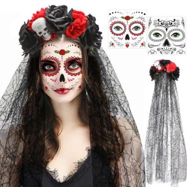 Imagem de Bandana Veil Rose Floral Crown Day of the Dead HOWAF