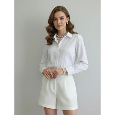 Imagem de Camisa Social Feminina com Pérolas Premium  Blusa de Luxo Manga Longa 