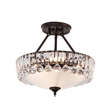 Imagem de Lustre de cristal K9 redondo moderno, luminária de teto para sala de estar B, luminária pendente semi-embutida com luminária de ferro e vidro (Noir 35 cm)