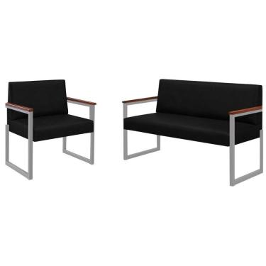 Imagem de Conjunto Sofá 2 Lugares E 1 Poltrona Niterói Couro Preto Em Metal Champanhe