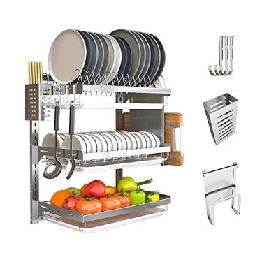 Imagem de Escorredor de pratos escorredor de pratos, escorredor de pratos, escorredor de pratos com bandeja de 3 níveis, prateleira de armazenamento de talheres de cozinha com 4 ganchos, montagem em par