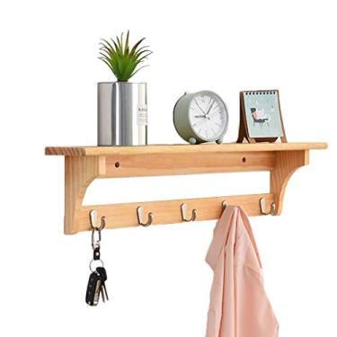 Imagem de Cabide de parede 5 ganchos de metal rack de armazenamento superior cabide de madeira maciça entrada quarto cozinha banheiro roupas saco chapéu guarda-chuva (cor: bege)