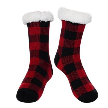 Imagem de Pistha Meias femininas felpudas com alças xadrez macias para o inverno, presentes de Natal aconchegantes