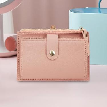 Imagem de Carteira feminina de poliuretano, pequena, com zíper, porta-moedas, porta-cartões de crédito, 7 compartimentos para cartões de moedas, rosa, Casual