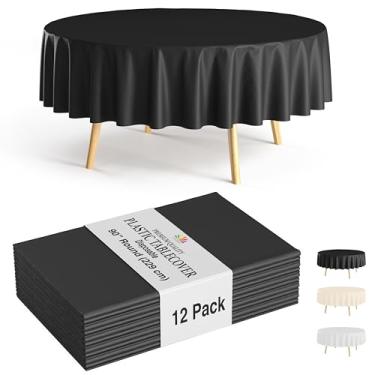 Imagem de Party Solids Pacote com 12 toalhas de mesa de plástico redondas pretas descartáveis – Tamanho: 224 cm – Toalhas de mesa redondas de plástico para festas, piqueniques e eventos formais