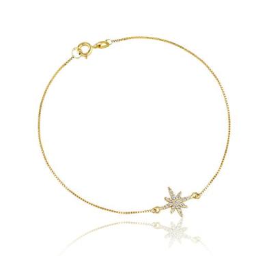 Imagem de Pulseira Feminina de Ouro 18k Minimalista Estrela 8 Pontas Zircônias -