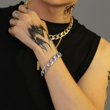 Imagem de Pulseira grossa masculina banhada a prata/ouro/preto, corrente moderna, 15 mm de largura, ajustável, joia leve, One Size, Aço inoxidável, Sem Pedra Preciosa