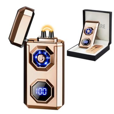 Imagem de SKRFIRE Isqueiro elétrico recarregável de plasma de arco USB C de alta potência chama legal à prova de vento eletrônico com lanterna LED para vela, fogos de artifício, incenso (ouro)