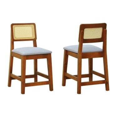 Imagem de Kit 2 Banquetas Baixa-cadeira Gabi Madeira Maciça Encosto Telinha - Amêndoa Assento Estof. Linho Bege Mescla Impermeável