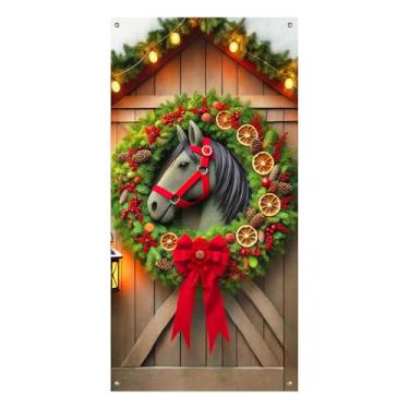 Imagem de BlissYard Capa para porta de Natal, 89 x 188 cm, banners de porta de varanda, decoração de inverno, com guirlanda de cavalo com laço vermelho e pinhas para decoração frontal