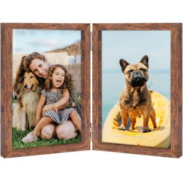 Imagem de THCASITO Moldura dupla de 20 x 25 cm, molduras verticais articuladas de madeira, colagem dobrável com 2 aberturas, com vidro de definição, marrom