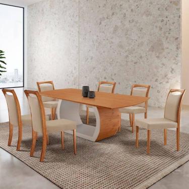 Imagem de Mesa Zeus 180cm Tampo Laminado Canto Barril Com 6 Cadeiras Linho Premium Imbuia Natural