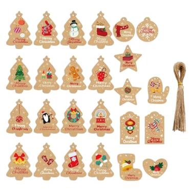 Imagem de 50 peças, 25 designs de etiquetas de presente de papel Kraft Feliz Natal com cordão de juta natural para artesanato, embalagem de etiqueta de presente