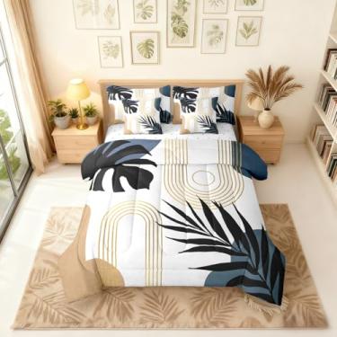Imagem de Erosebridal Conjunto de edredom King tropical abstrato com lençóis, folha de palmeira, boêmio, de meados do século, simples, minimalista, em uma bolsa, geométrico, moderno, conjunto de cama estética