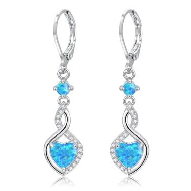 Imagem de CiNily Brincos pendentes de opala para mulheres, adolescentes, ouro branco 14 quilates | Anéis de orelha banhados a ouro com pingente de coração de zircão cúbico com fecho de alavanca, joia de opala