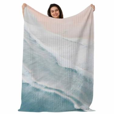 Imagem de Cobertor boêmio costeiro de praia, ondas do mar azul, cobertores macios macios para sofá-cama, viagens, cobertores de flanela listrados de microfibra gradiente náutico, cobertores leves de sofá 127 x