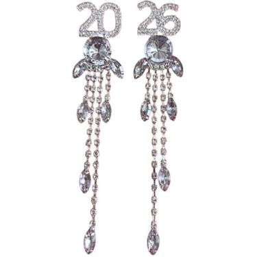Imagem de Brincos de ano novo 2026 com contas de strass 2026 NYE relógio de véspera de ano novo brincos pendentes de Natal festa festiva, 1, Resina, Sem pedra preciosa