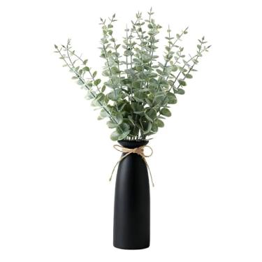 Imagem de Shanranplus Vaso com vegetação, 20 hastes artificiais de eucalipto em vaso branco, planta falsa, decoração de casa, plantas artificiais decorativas de 48 cm para decoração de mesa central de manto de