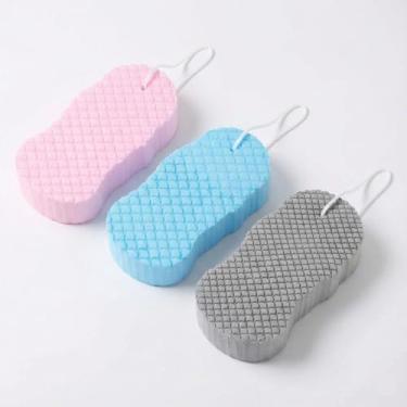 Imagem de Esponja de Banho 3D Esfoliante, Textura em Escama, Dupla Face Cores Rosa e Azul e Cinza, com Suporte de Parede, para Limpeza e Esfoliação Corporal (Azul)