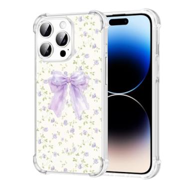 Imagem de Vulfwela Capa para iPhone 14 Pro de 6,1 polegadas com laço roxo, elegante estampa de flores bordadas, capa de telefone transparente para mulheres e meninas, antiamarelamento, antiqueda, à prova de
