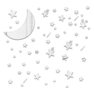 Imagem de 64 peças de decalques de parede espelhados - adesivo de papel de parede acrílico prata lua meteoro decoração de parede para quarto sala de estar decoração de arte de casa