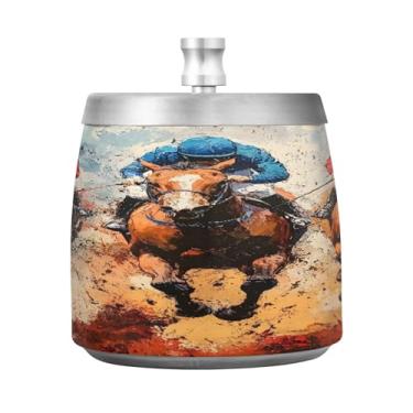 Imagem de JUZIHAI Cinzeiro de cena de corrida de cavalos com tampa, cinzeiro de aço inoxidável inodoro à prova de vento cinzeiro sem fumaça para escritório em casa, pátio, varanda, cigarro