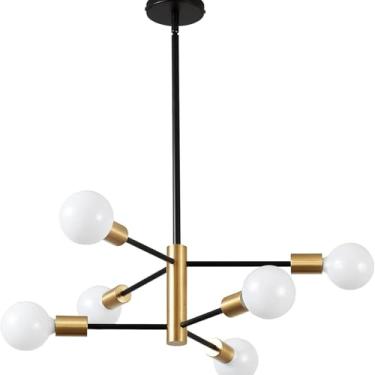Imagem de ZGCNDS Lustre dourado moderno de 6 luzes com vidro branco fosco, candelabro Sputnik ajustável para sala de jantar e cozinha