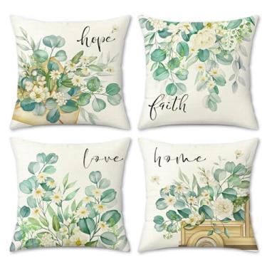Imagem de COZZSNUGE Capas de almofada de folhas de eucalipto, fronhas decorativas de poliéster para sofá-cama e pátio em casa de camião floral branco com 4, 45 x 45 cm