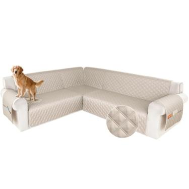 Imagem de HDCAXKJ Capa de sofá secional à prova d'água em forma de L, capas de canto laváveis, à prova de animais de estimação, protetor de móveis em forma de U com tiras antiderrapantes atualizadas (GG, cáqui