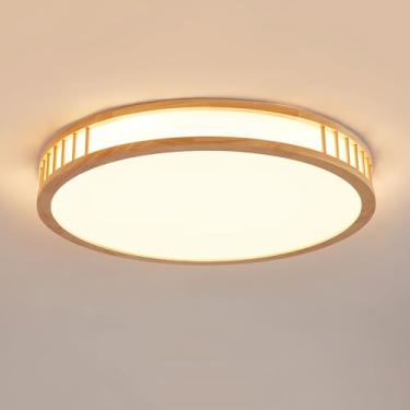Imagem de Luminária de teto LED com acabamento em madeira, luz quente 3000K, design nórdico plano e redondo, ideal para sala de estar, quarto, cozinha, restaurante, corredor, iluminação interna de 40