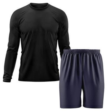 Imagem de Kit Calção Short Futebol Basquete Azul + Manga Longa Masculina Segunda Pele Dry-Masculino