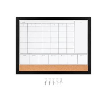 Imagem de Aitakatta Calendário apagável a seco 4 em 1 para parede com moldura de madeira preta, quadro branco magnético de 43 x 33 cm, quadro branco de cortiça, quadro branco suspenso para decoração/memorando