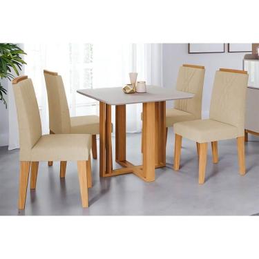 Imagem de Conjunto Mesa De Cozinha Flora Tampo Madeirado Com Vidro 95x95cm E 4 Cadeiras Nicole Nature Suede Nude Bege Cimol