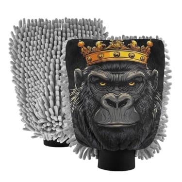 Imagem de ODAWA Luvas de microfibra para lavagem de carro, coroa de gorila de desenho animado, luva de microfibra macia para lavagem de carro, pacote com 20,5 x 30 cm