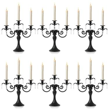 Imagem de KEHAIL Candelabro de metal de 3 braços com pingentes de cristal - Castiçais de 29 cm de altura, conjunto de 2 - Suporte de castiçal cônico elegante para casamento, mesa de jantar, decoração de casa de