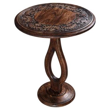 Imagem de Mesas laterais redondas – pequena mesa de bebida para espaços pequenos, mesa de cabeceira moderna com tampo esculpido à mão e mesas de madeira maciça para sala de estar, quarto, escritório